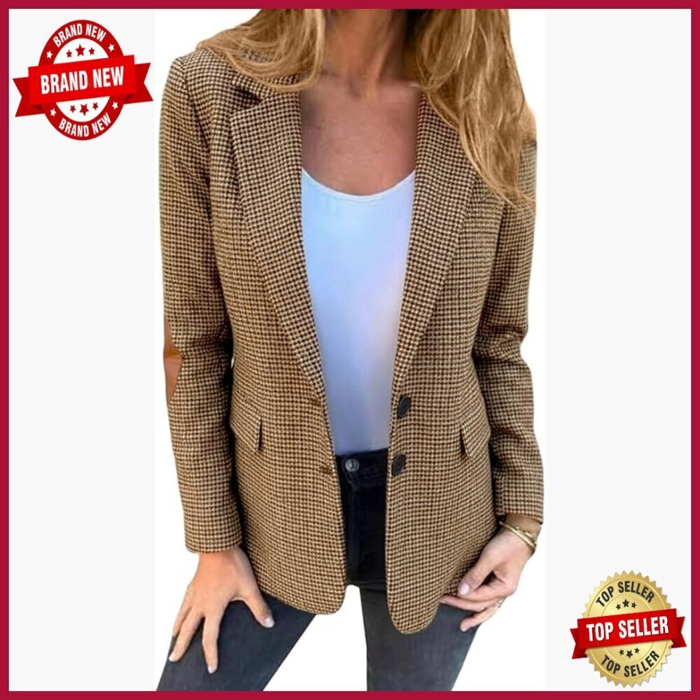 Tweed Blazer with Pockets, Notch Lapel, Long Sleeve for Business Casual